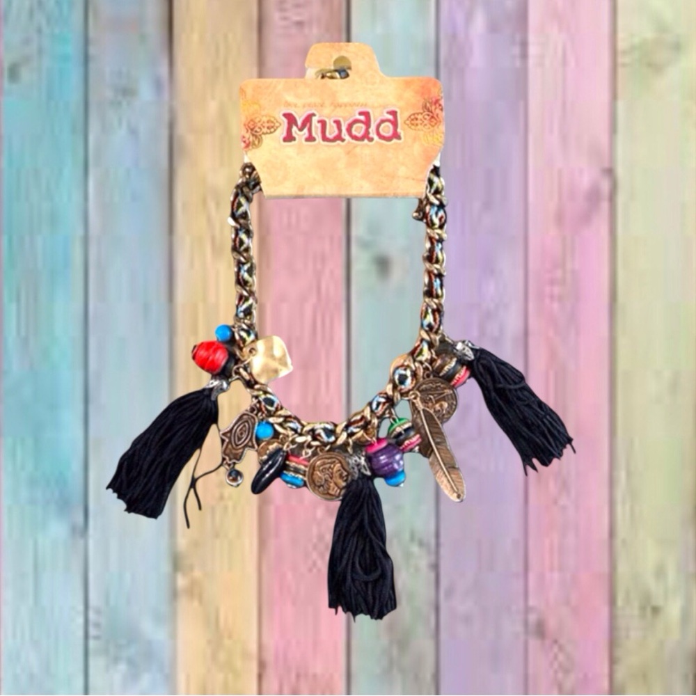 Mudd Braided Gold Tone Chain Love Peace Happiness Charm Necklace NWT